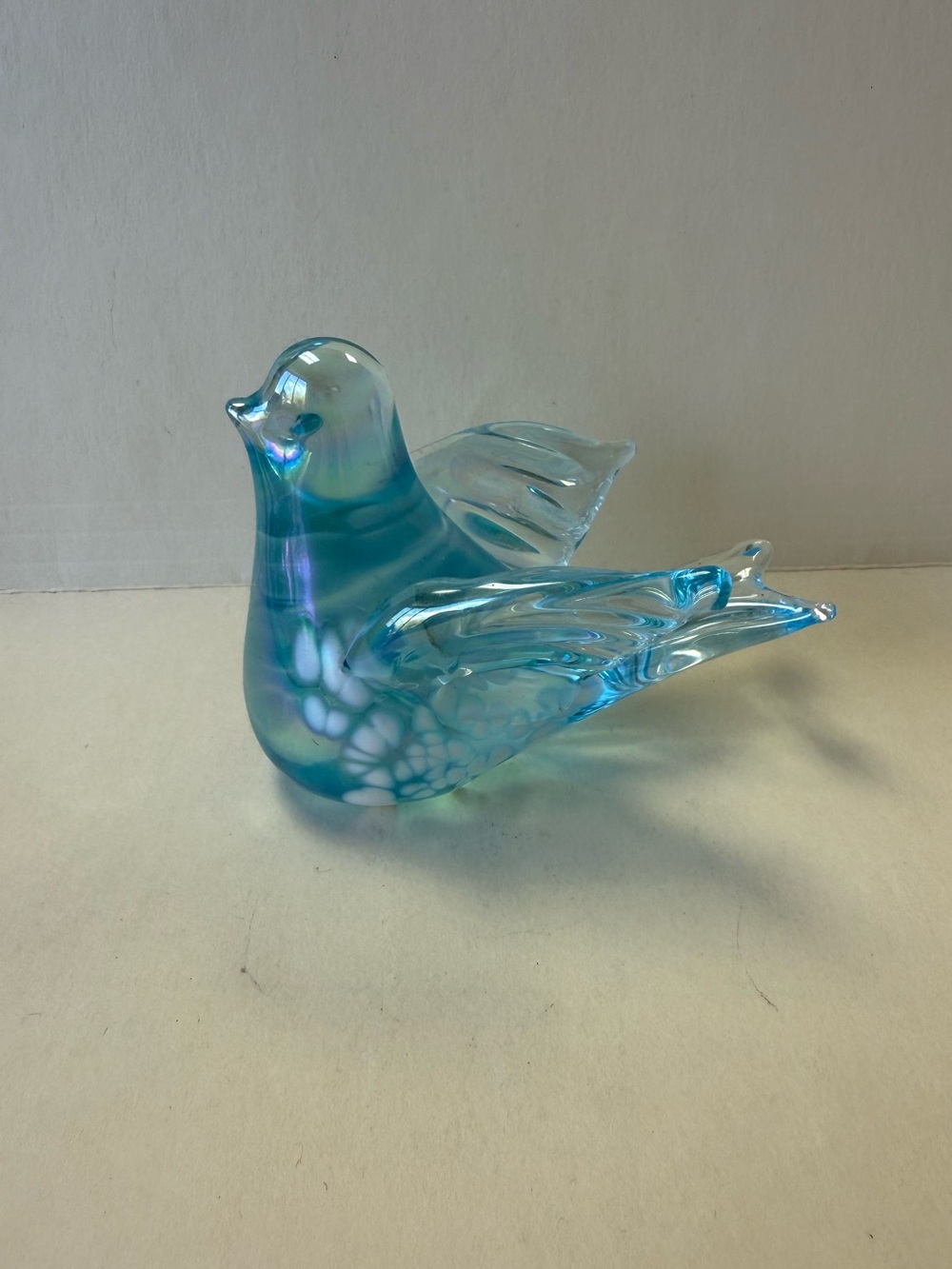Vintage Aqua Blue Iridescent Splatter Glass Bird Figurine Paperweight